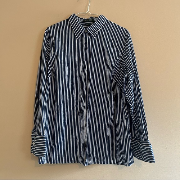 Ralph Lauren Navy and White Striped Shirt blouse top 100% cotton button down - Picture 1 of 7